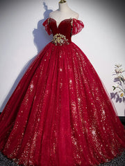 Burgundy Tulle Sequin Long Prom Dress, Burgundy Tulle Formal Dress