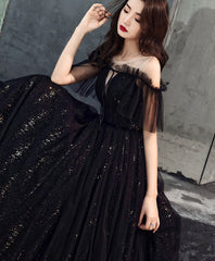 Black Tulle Off Shoulder Long Prom Dress, Black Formal Dress