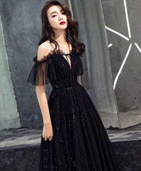 Black Tulle Off Shoulder Long Prom Dress, Black Formal Dress