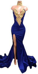 Charming Royal Blue Mermaid Sweetheart Side Slit Satin With Gold Appliques Prom Dresses