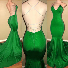 Sexy Mermaid Green Backless Criss Cross V Neck Elastic Satin Prom Dresses