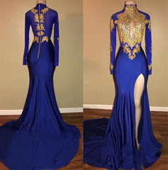 Charming African Royal Blue Side Slit Sheath Long Sleeves Prom Dresses