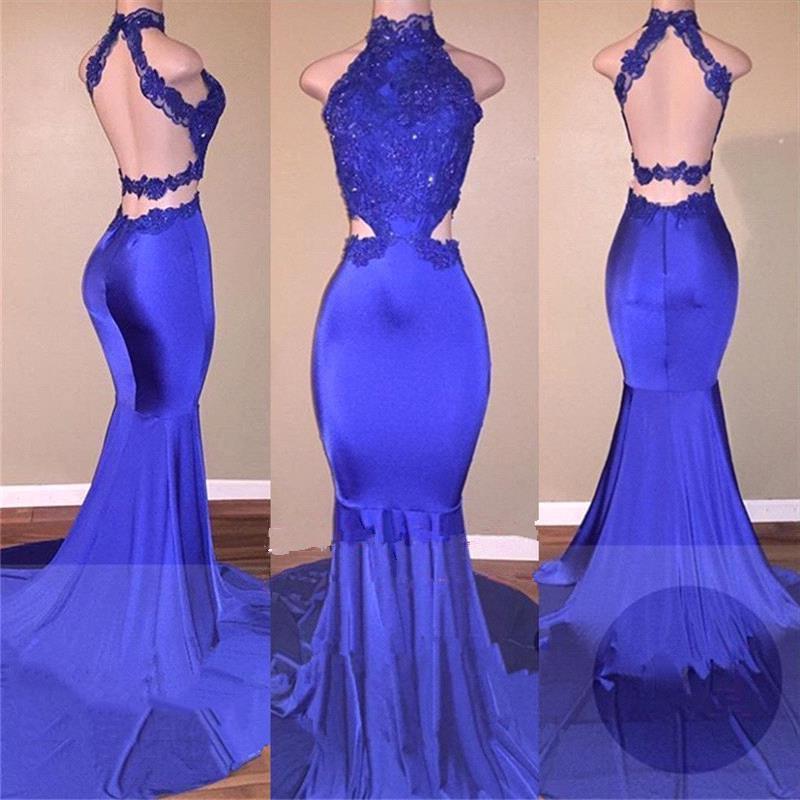 Sexy Mermaid Royal Blue Backless With Appliques High Neck Long Prom Dresses