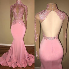 Alluring Pink Mermaid Long Sleeves Backless Elastic Satin Open Front High Neck 2023 Prom Dresses