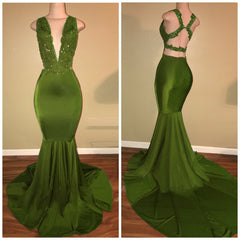 Green Mermaid Deep V Neck Criss Cross Backless Long Prom Dresses
