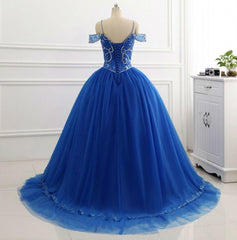 Elegant Off Shoulder Tulle Royal Blue Beaded Sweetheart Ball Gown Prom Dresses