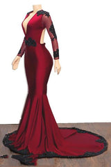 2024 Elegant Mermaid/Trumpet V Neck Long Sleeve Applique Beaded Backless Satin Prom Dresses