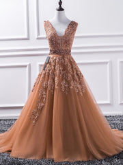 Deep V Neck Brown Tulle Appliques Sleeveless Flowers A Line Pleated Long 2023 Prom Dresses