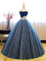 Strapless Sweetheart Blue Tulle Embroidery Flowers Exquisite 2023 Prom Dresses