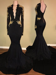 Deep V Neck Backless Long Sleeve Satin Black Mermaid Appliques 2023 Prom Dresses