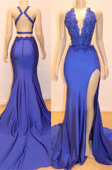 Amazing Sheath Side Slit Royal Blue V Neck Backless Lace Prom Dresses 2024