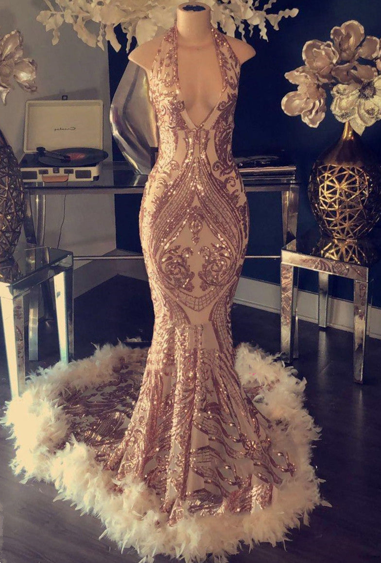 2024 Sexy Gold Sequence V Neck Halter Backless Feathers Prom Dresses