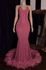 2023 Charming Mermaid Hot Pink Sequence With Feathers Halter Backless Prom Dresses