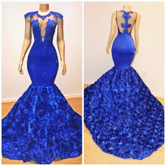 2023 Mermaid Royal Blue Open Front Rose Lace Prom Vestidos