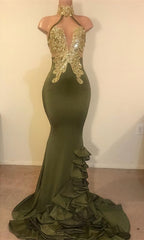 2023 New Arrival Mermaid High Neck Beaded Green Ruch Backless Prom Dresses