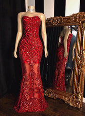 2023 Red Sheath Sweetheart Strapless Floor Length Tulle Lace Prom Dresses
