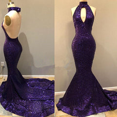 2024 Purple Sequence Mermaid Backless Long Prom Dress