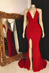 Red Side Slit Sequence V Neck Backless Long Prom Dress 2024