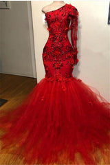 Mermaid 2023 Red Long Sleeves Tulle Beaded Long Prom Dresses