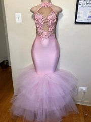 2023 Mermaid Tulle Halter Pink Floral Backless Long Prom Dresses