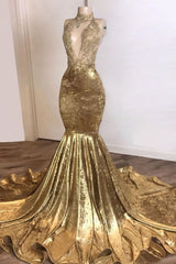 2023 Mermaid Gold Velvet High Neck V Neck Prom Dresses