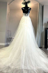 White Tulle Floral Lace Strapless A-Line Wedding Dress