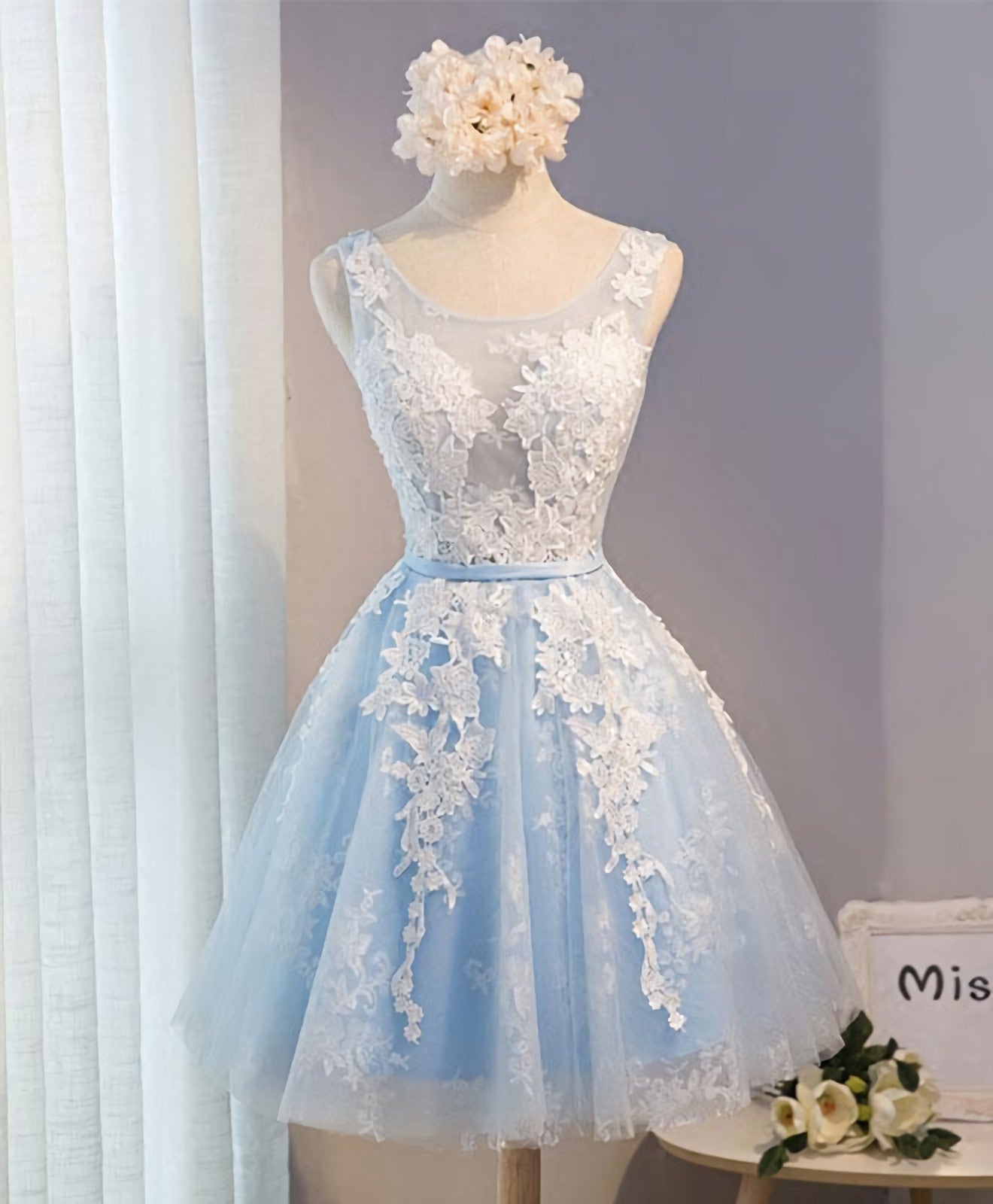 Blue V Neck Tulle Short Prom Dress, Blue Homecoming Dress