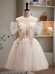 Champagne Tulle Sequins Short Prom Dress, Cute A-Line Homecoming Dress