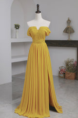 Yellow Chiffon Long Prom Dress, A-Line Off the Shoulder Evening Dress