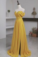 Yellow Chiffon Long Prom Dress, A-Line Off the Shoulder Evening Dress