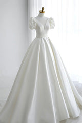 White V-Neck Satin Long Formal Dress, Wedding Formal Dress