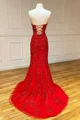 Red Strapless Lace Long Prom Dress, Mermaid Evening Dress