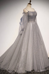Gray Tulle Sequins Long Prom Dress, Long Sleeve Evening Dress