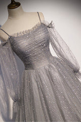 Gray Tulle Sequins Long Prom Dress, Long Sleeve Evening Dress