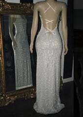 2023 Silver Halter Sequins Prom Dresses