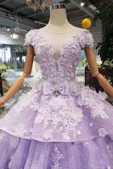 Lilac Ball Gown Short Sleeve Prom Dresses with Long Train, Gorgeous Quinceanera Dress