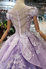 Lilac Ball Gown Short Sleeve Prom Dresses with Long Train, Gorgeous Quinceanera Dress