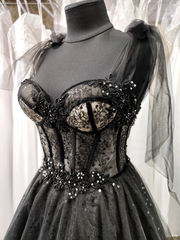Vestido de fiesta negro de tul, vestido de fiesta de la línea a la línea fuera del hombro vestido de noche elegante