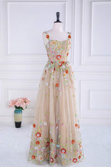 Dusty Pink Sequined Floral Appliques A-line Long Prom Dress
