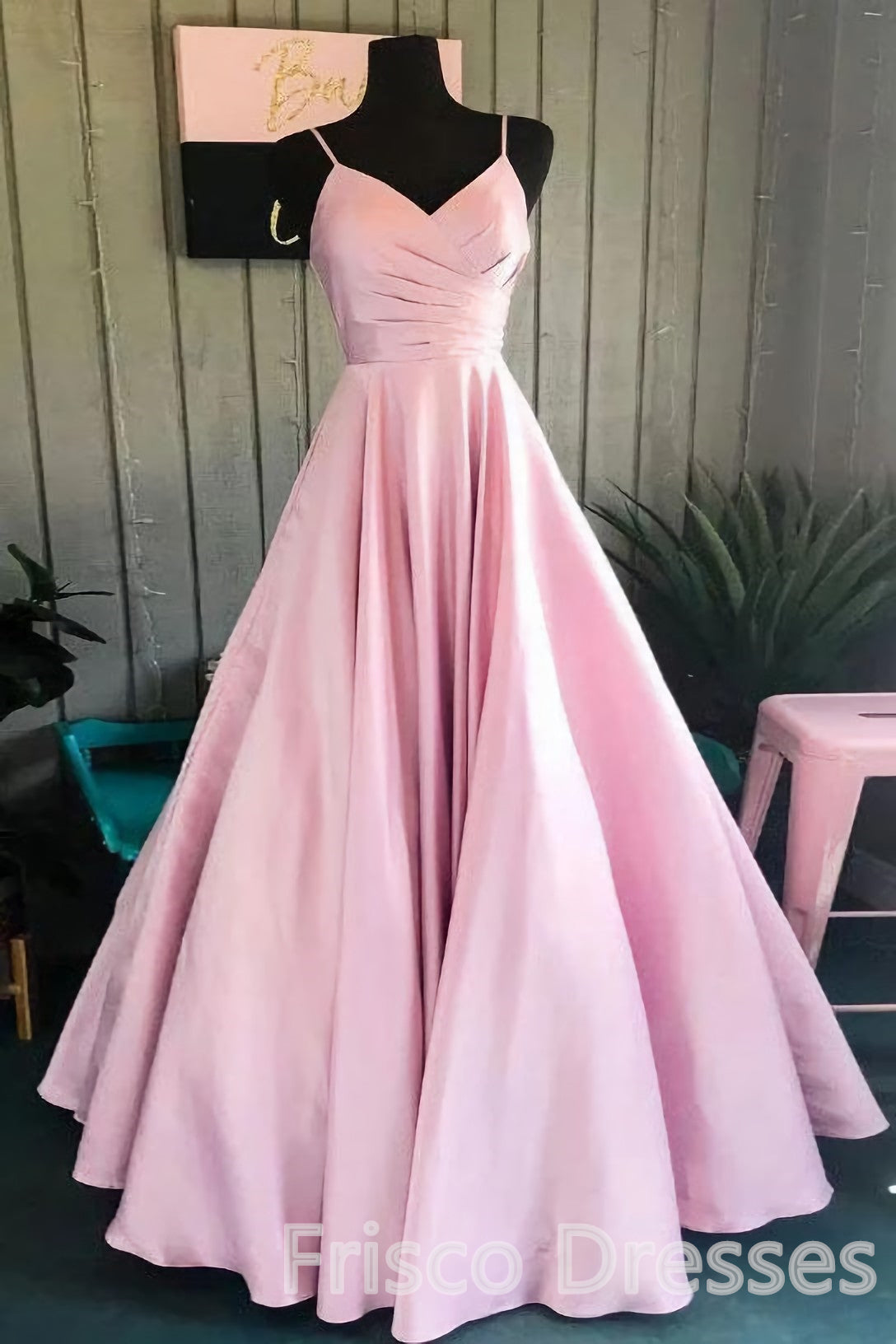 V-neck A-line Pink Spaghetti Straps Rushed Satin Long Prom Dresses