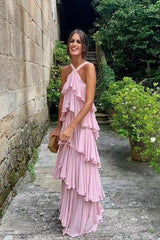 A Line Straps Tiered Chiffon Floor Length Long Prom Dress Pink Bridesmaid Dress