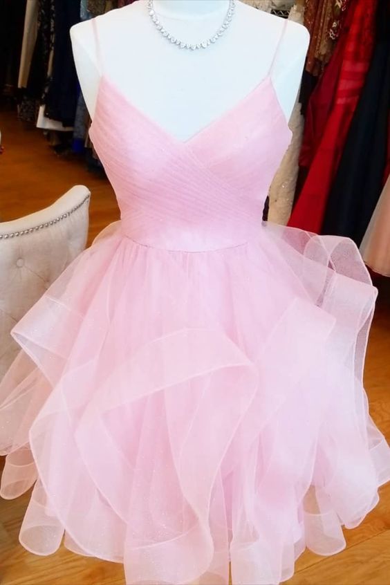 short pink a line homecoming dress birthday dress with ruffled skirt
