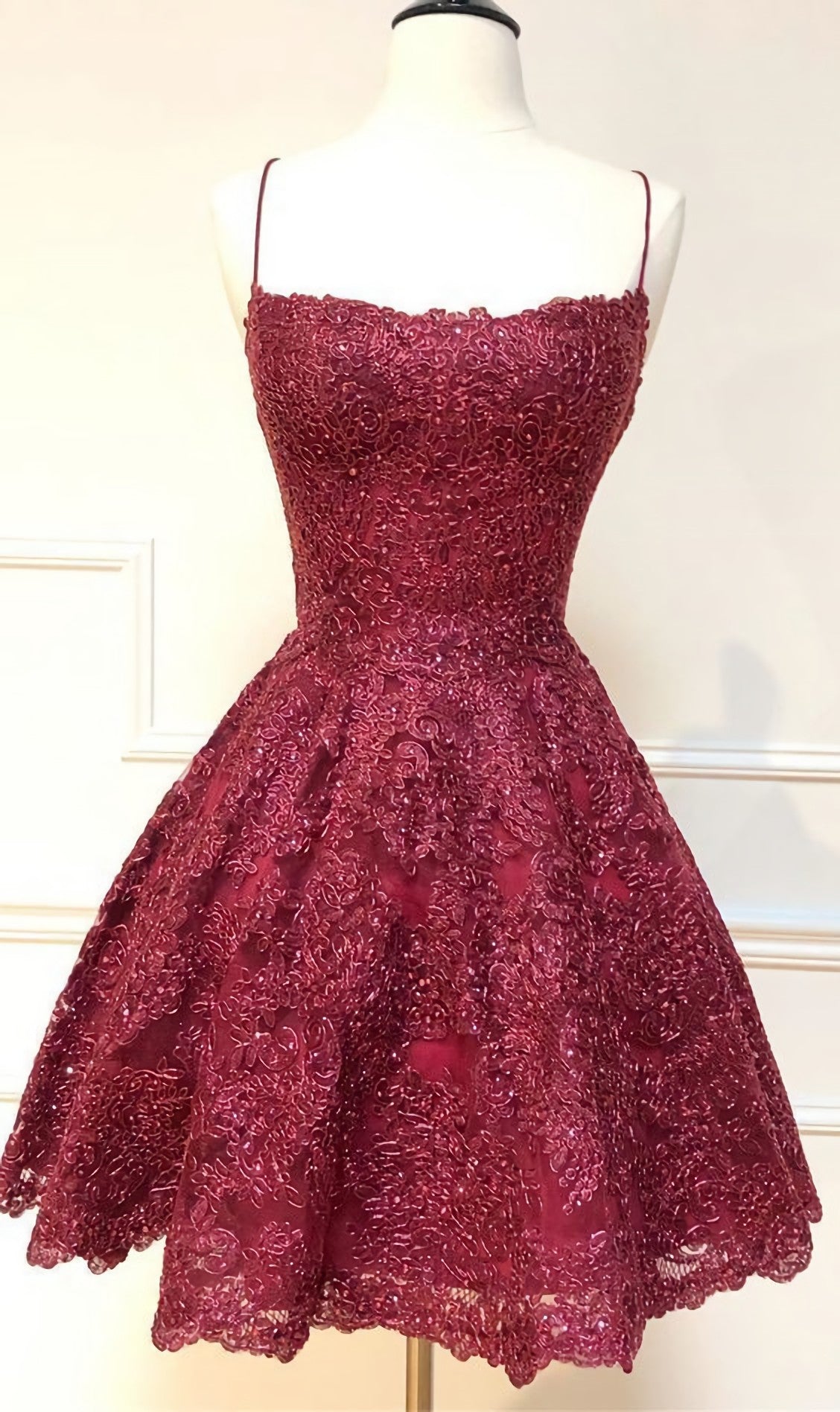 Formal Short Homecoming Dresses, Spaghetti Straps Cocktail Party Dresses, Burgundy Lace Homecoming Dresses, 2476