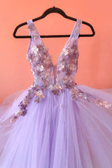 Purple V-Neck Tulle Lace Long Prom Dresses, A-Line Evening Dresses