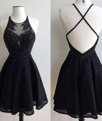 A-Line Jewel Backless Short Black Lace 2023 with Beading Homecoming Dresses