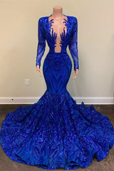 Hot Sparkle Royal Blue Sequin Long sleeves Mermaid Prom Dresses