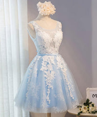 Blue V Neck Tulle Short Prom Dress, Blue Homecoming Dress