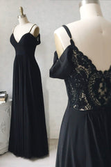 Black Chiffon Lace Long Prom Dresses, A-Line Evening Dresses
