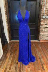 Blue V-Neck Sequins Long Prom Dresses, Blue Formal Evening Dresses