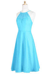 Pool Blue Chiffon Halter Short Bridesmaid Dress